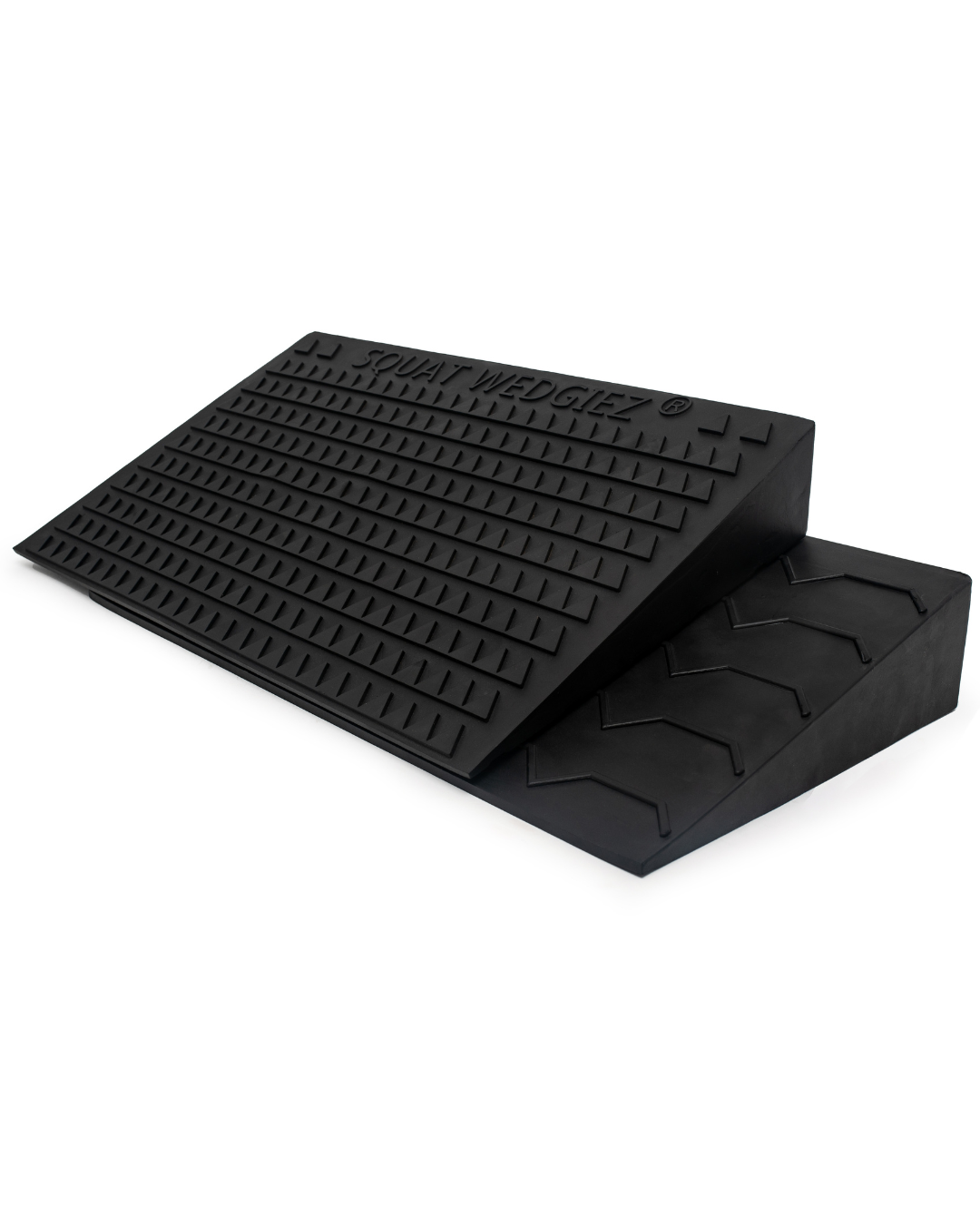 Black rubber adjustable slant board with SquatWedgiez branding