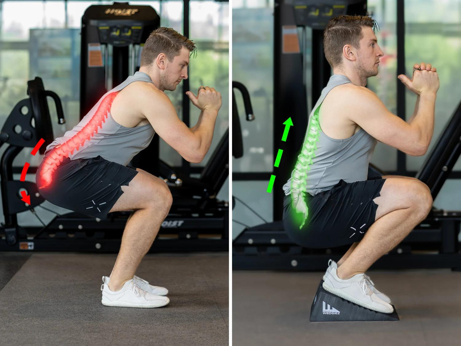 person squatting with a squat wedge to reduce back pain