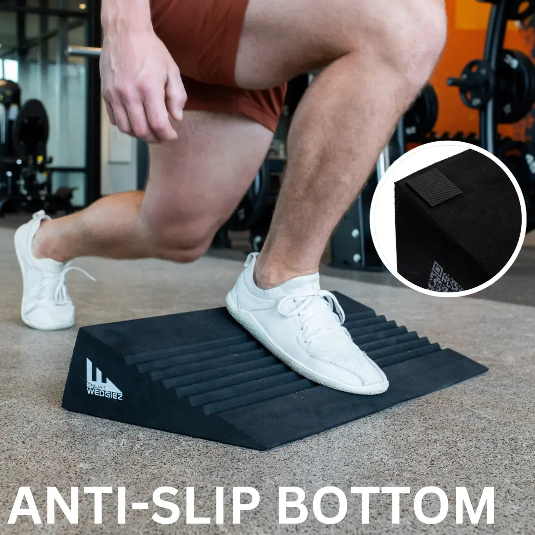Perform split squats on our anti slip slant board, squat wedge by SquatWedgiez