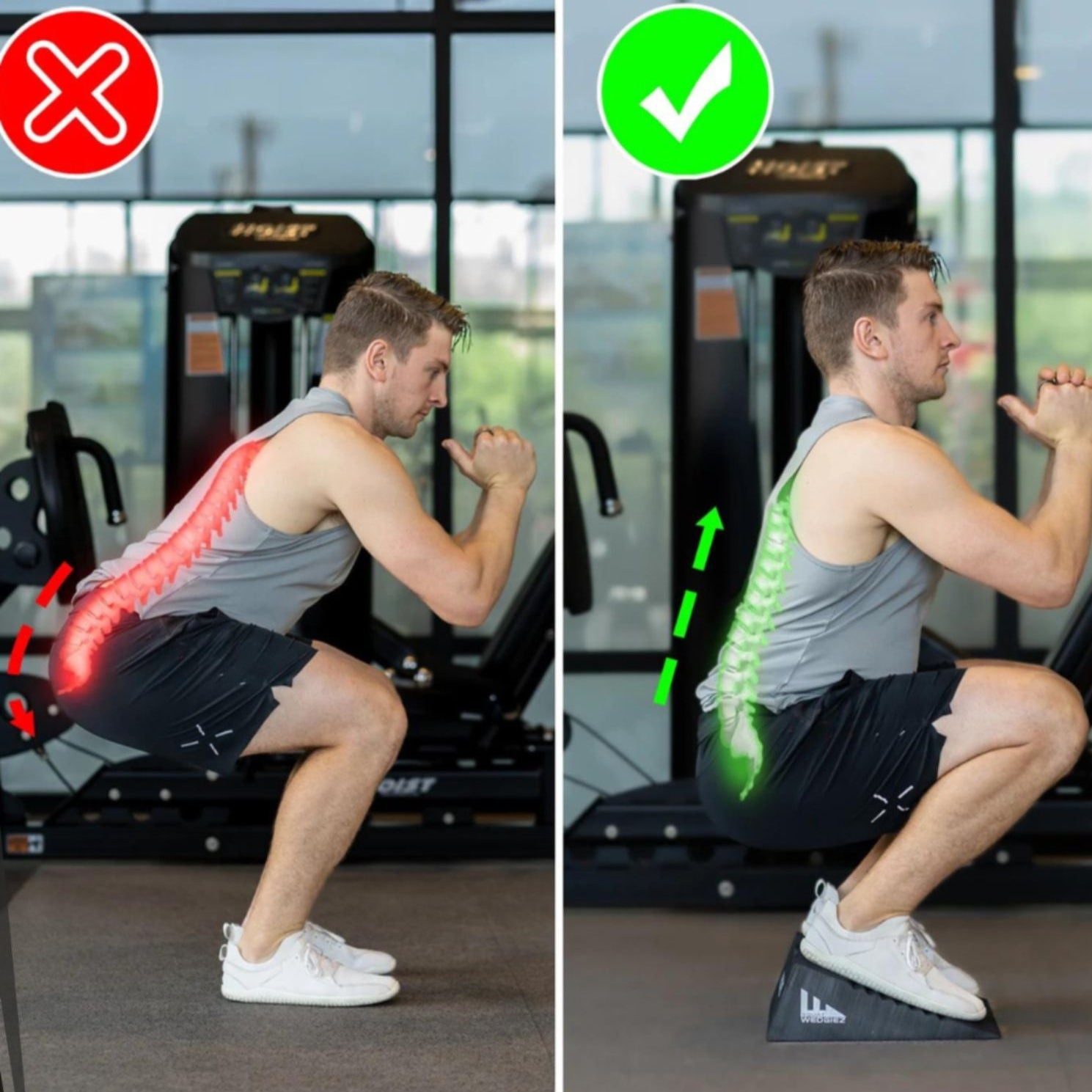 Correct and incorrect squatting forms with highlighted back posture.